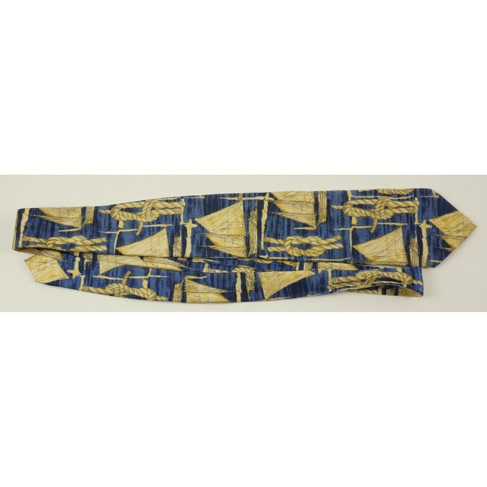 Vintage Ermenegildo Zegna Nautical Sail Boat Blue Tan Silk Neck Tie 57" Standard